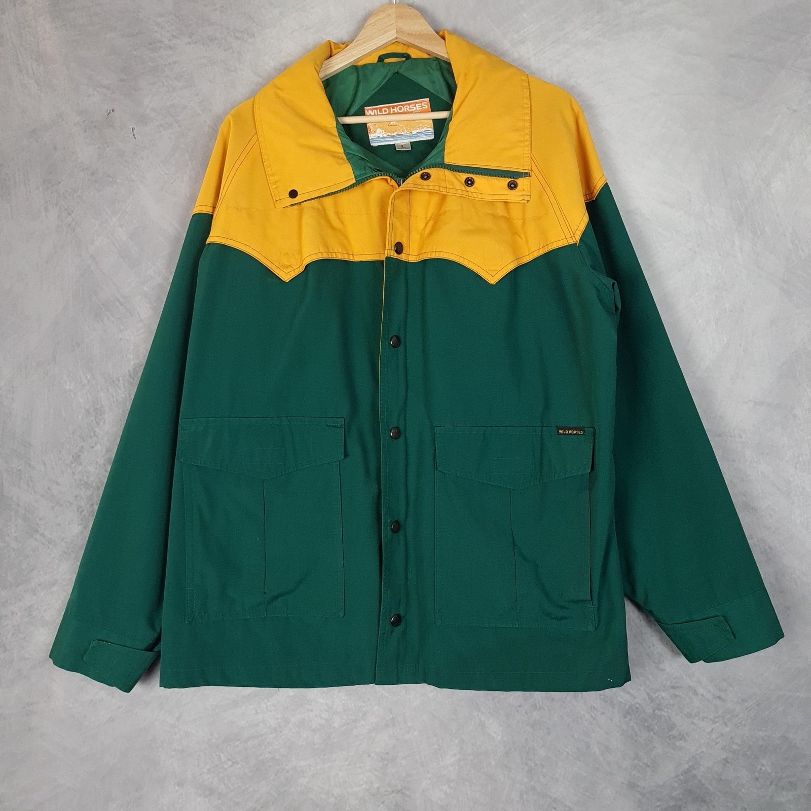 Vintage Wild Horses Jacket Mens Large Green Yellow Western Parka Lined